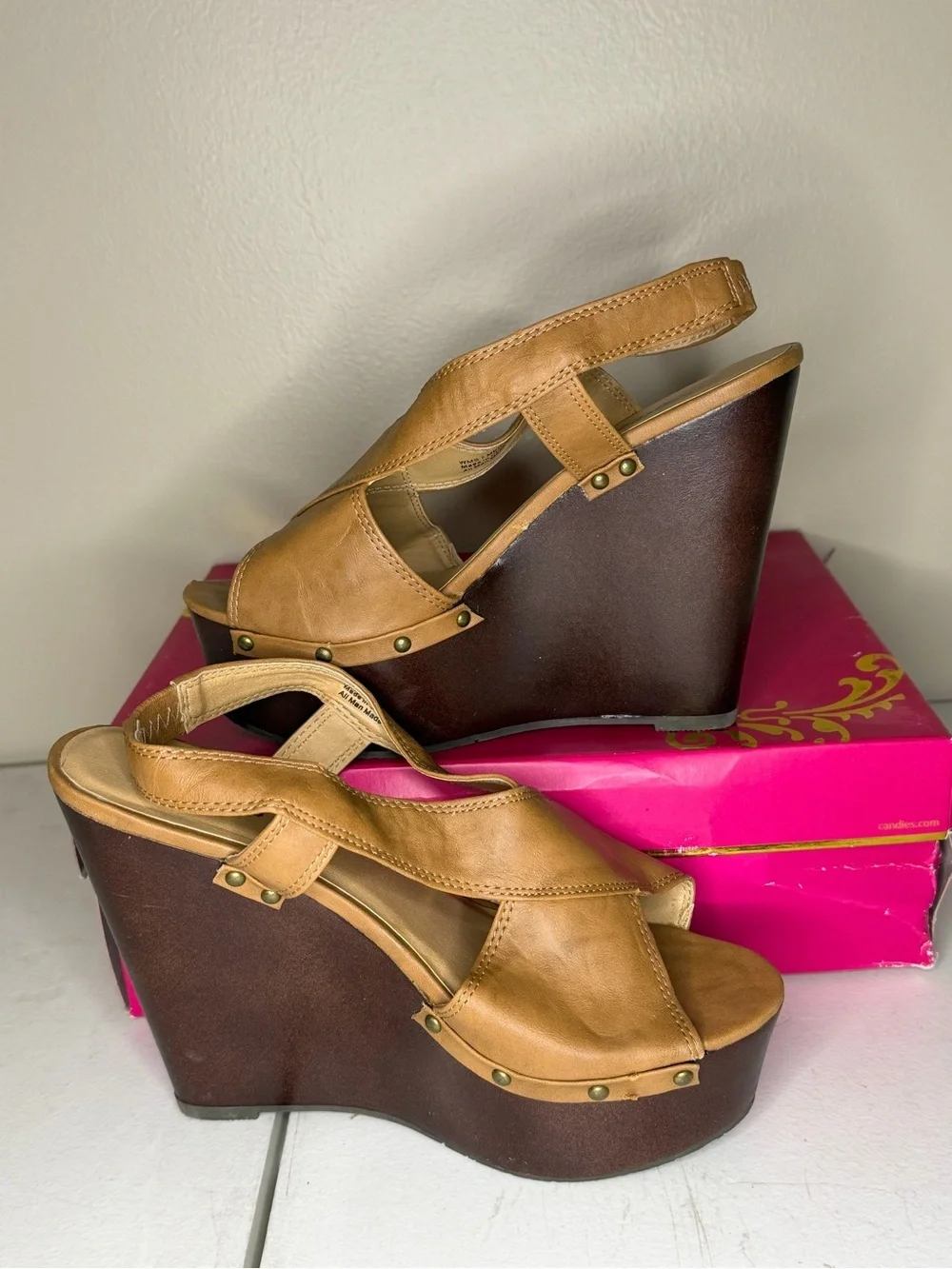 Candie's Cognac Leather Platform Wedge Sandals